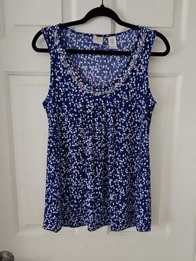 Emma James Navy Geometric Tank with Chain-Detail Neckline